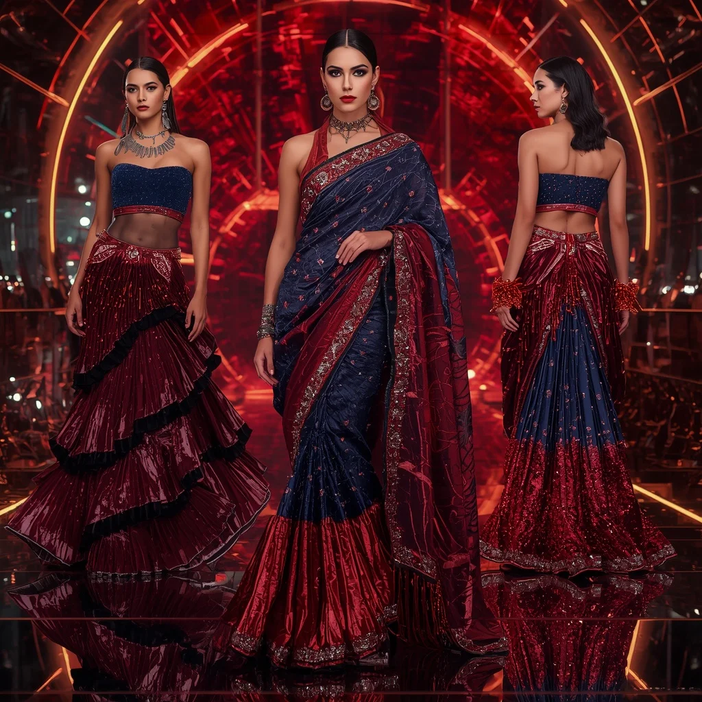 Velvet Crimson Galaxy Saree with Neon Reflection Orbit Citadel | Trending Prompt Girls