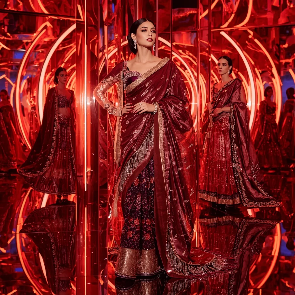Velvet Crimson Mirage Saree with Neon Reflection Palace | Editing Prompt Girl Aesthetic