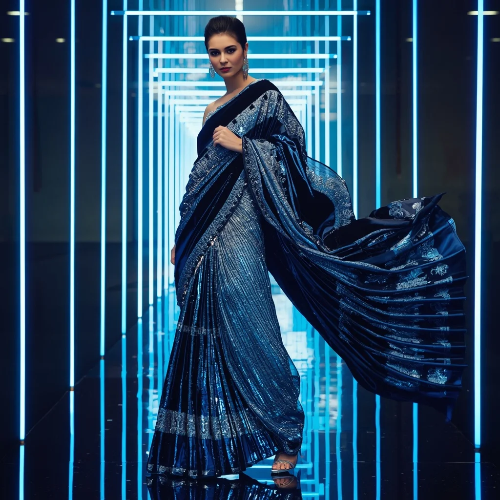 Velvet Crystal Eclipse Saree with Floating LED Infinity Corridors | Prompt Seen Girl Photo Editing Trending Instagram