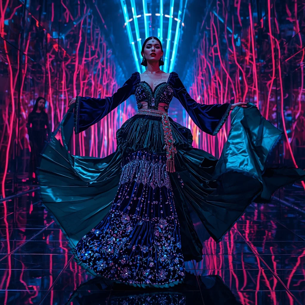 Velvet Galaxy Mirage Saree with Neon Reflection Spiral Cathedral | Female Model Ai Prompt