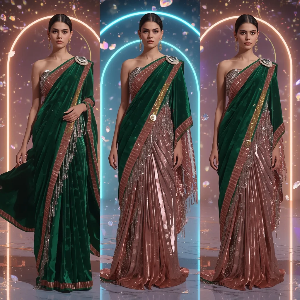 Velvet Mirage Festival Saree with Infinite Neon Portal | Ideogram Ai Prompt