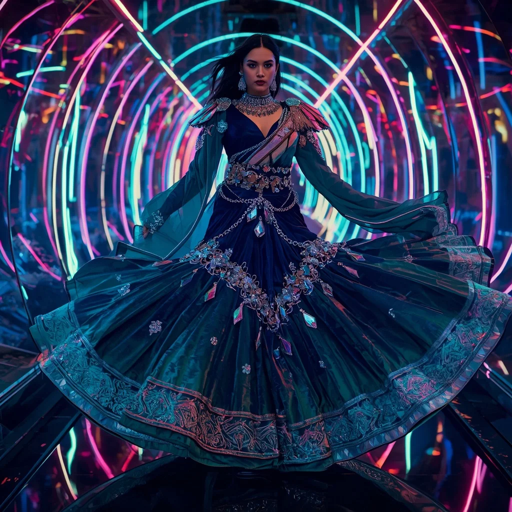 Velvet Nebula Crystal Saree with Neon Reflection Spiral Corridor | Viral Ai Image Prompt