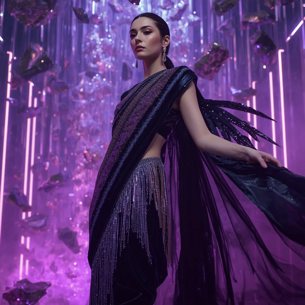 Velvet Nebula Fragment Armor Saree with Floating Crystal Singularity Storm Matrix Nebula Collapse Field System | Happy Ai Prompt