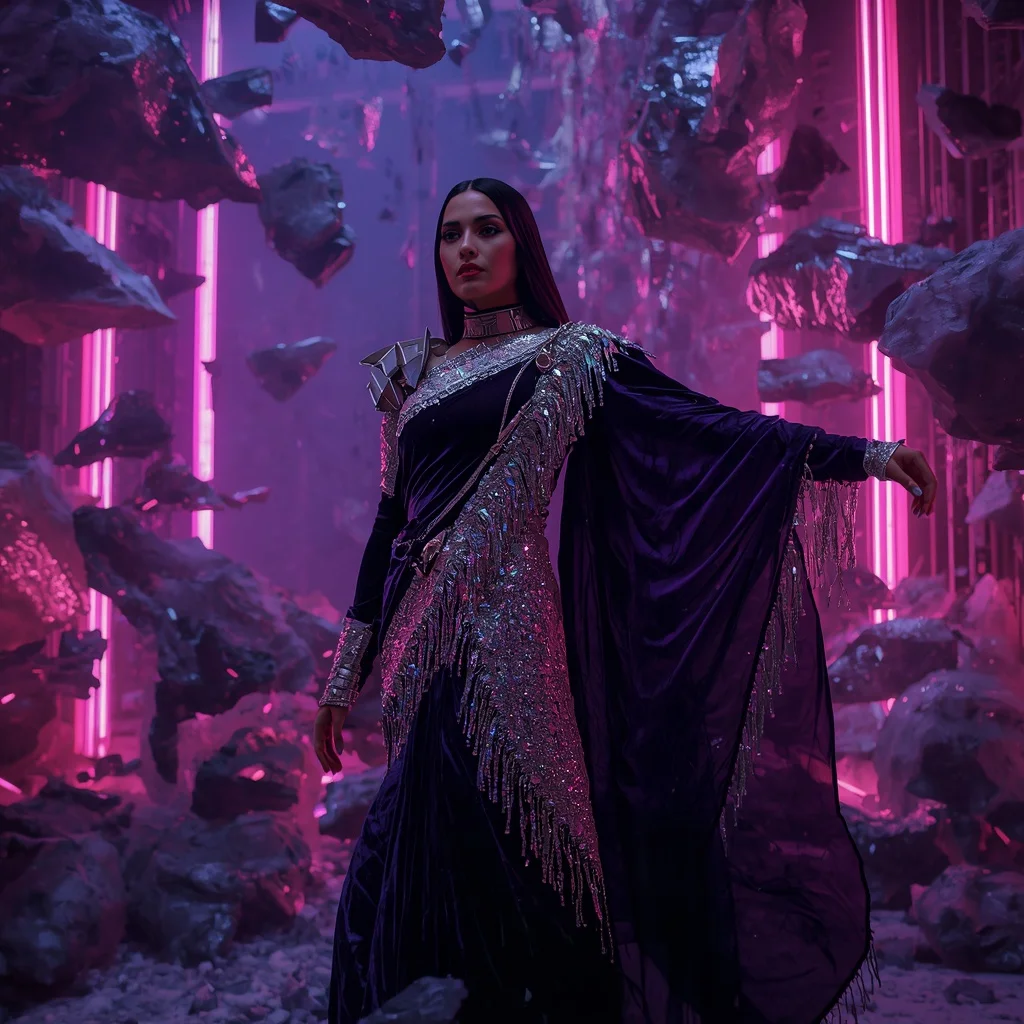 Velvet Nebula Fragment Singularity Abyss Armor Saree with Floating Crystal Storm Nebula Matrix Collapse Field | Profile Picture Ai Prompt