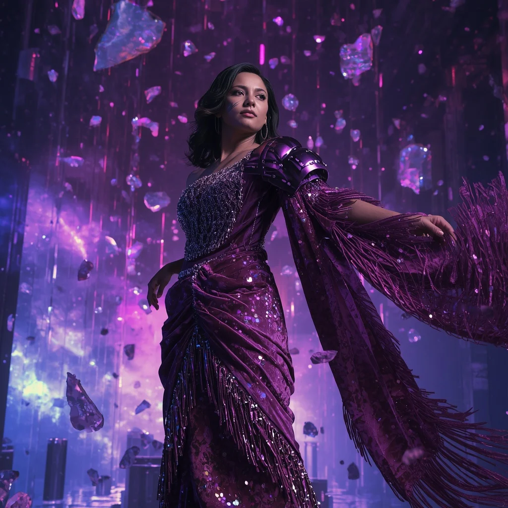 Velvet Nebula Fragment Singularity Armor Saree with Floating Crystal Storm Matrix Collapse Nebula Field | Instagram Aesthetic Ai Prompt
