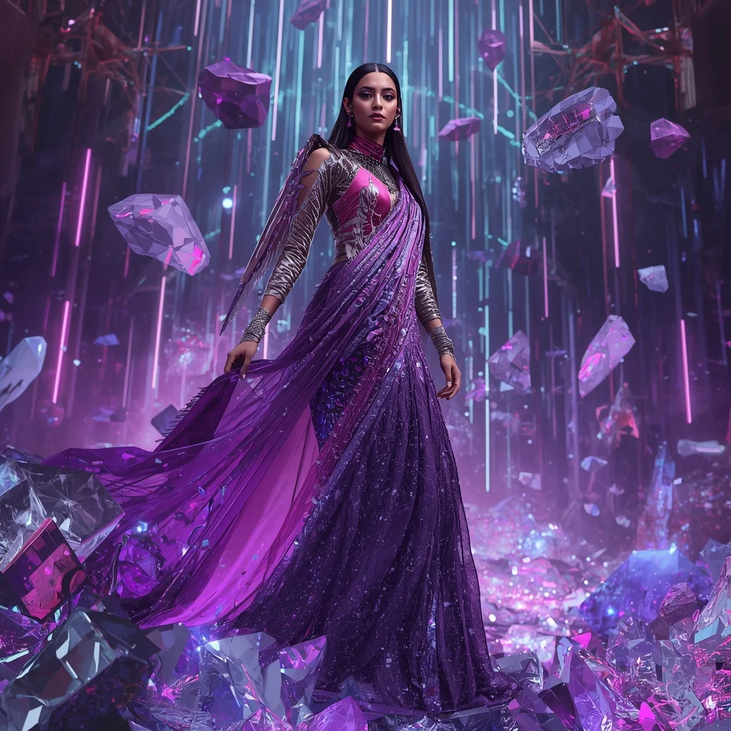 Velvet Nebula Fragment Singularity Core Armor Saree with Floating Crystal Storm Matrix Nebula Collapse Field | Gemini Ai Prompt