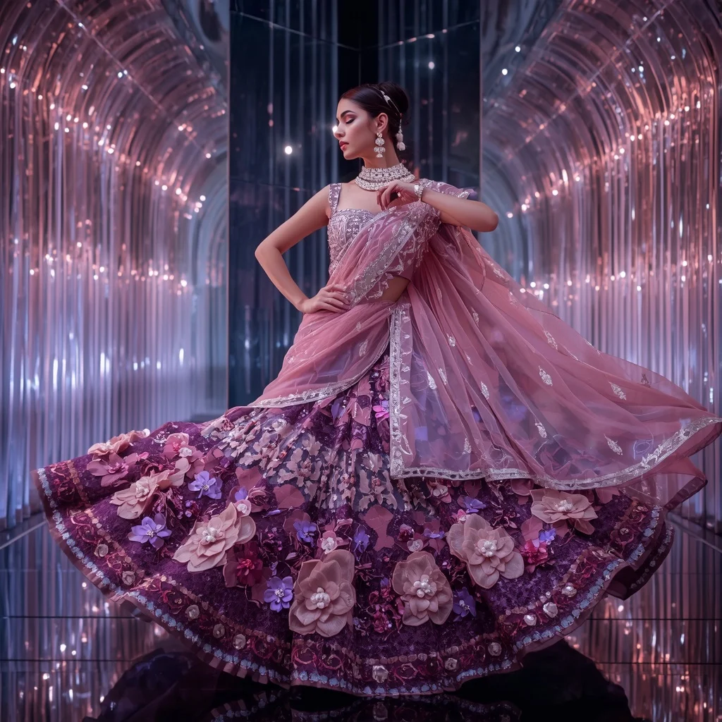 Violet Aurora Blossom Queen Saree with Crystal Infinity Atrium | Ai Art Prompt