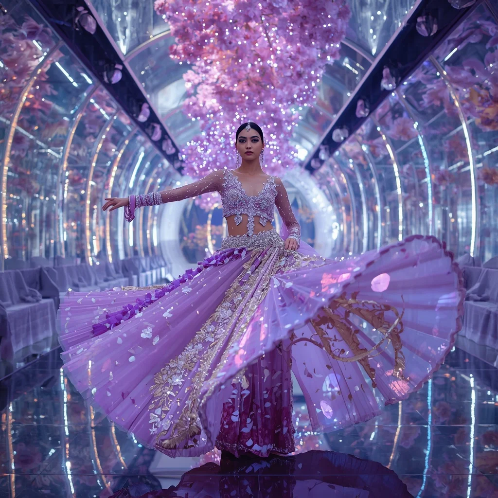 Violet Aurora Petal Saree with Crystal Blossom Infinity Atrium | Gemini Ai Prompt