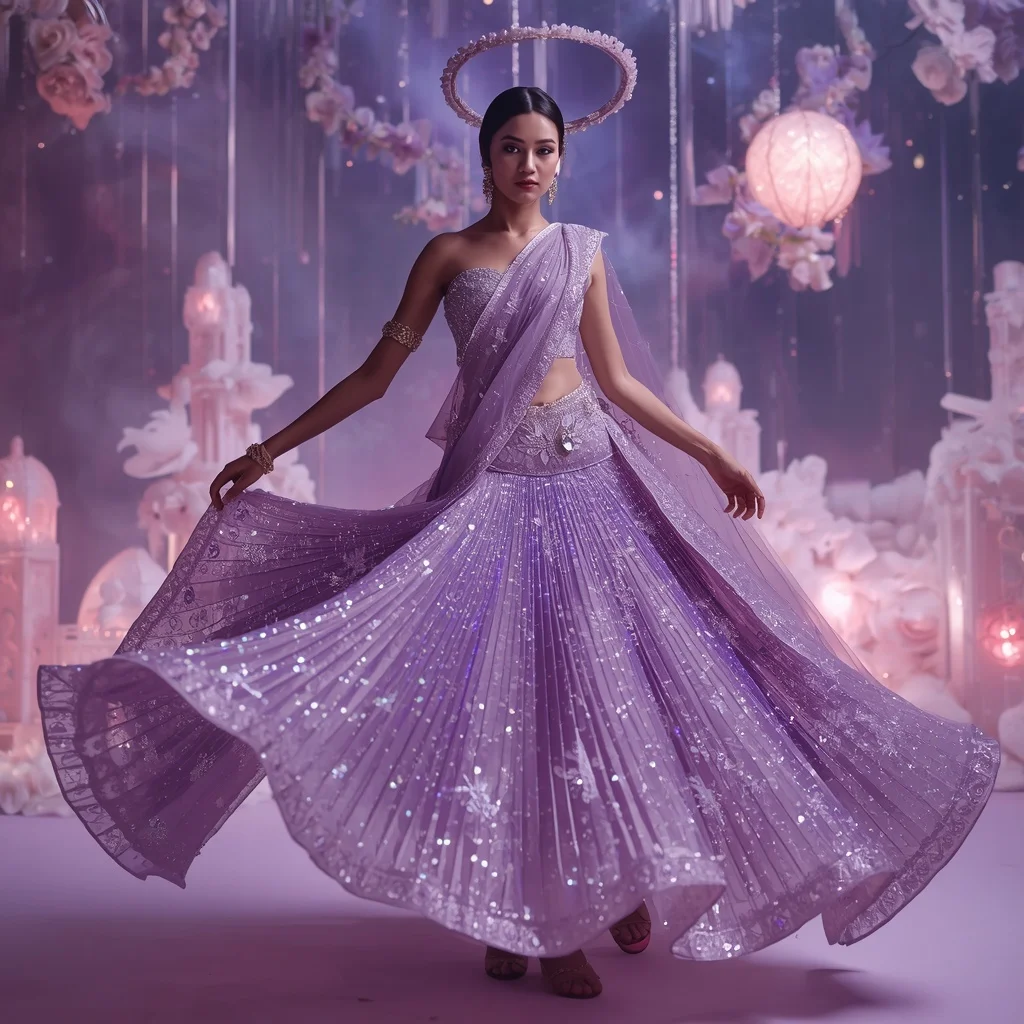 Violet Crystal Cosmos Saree with Floating Bloom Galaxies and Aurora Fantasy Universe | Prompt Seen Horror Girl