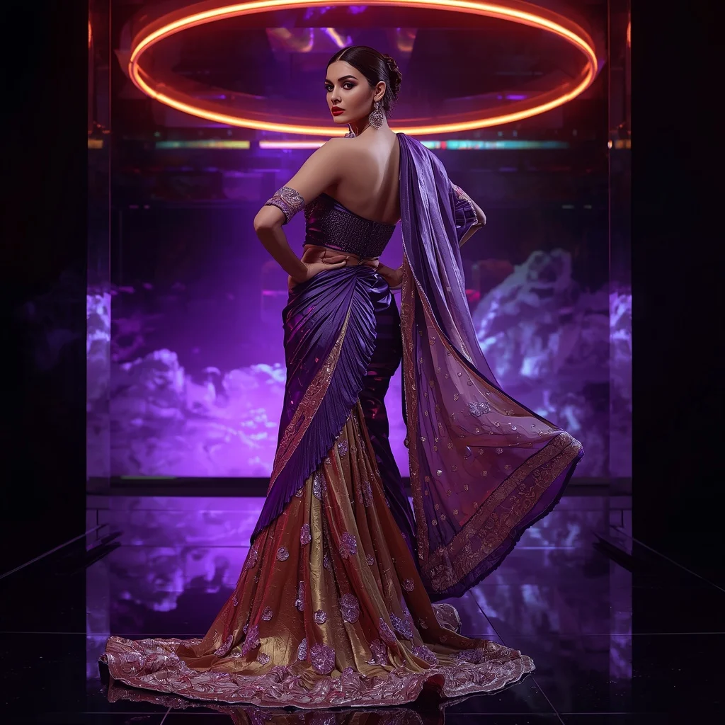 Violet Inferno Mirage Saree with Floating Neon Halo Empire | Prompt Seen Trending Girl AI Photo