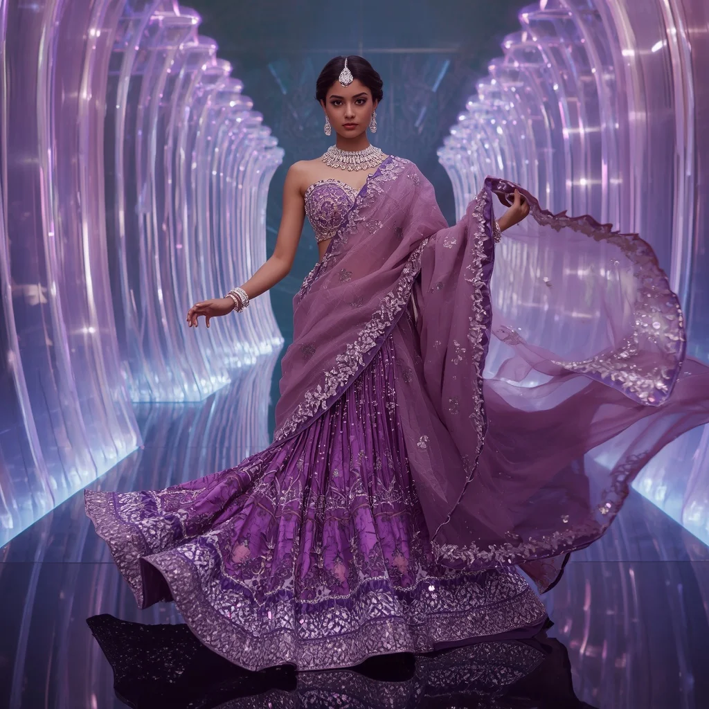 Violet Nebula Dream Saree with Crystal Harmony Infinity Pavilion | Prompt Seen Girl