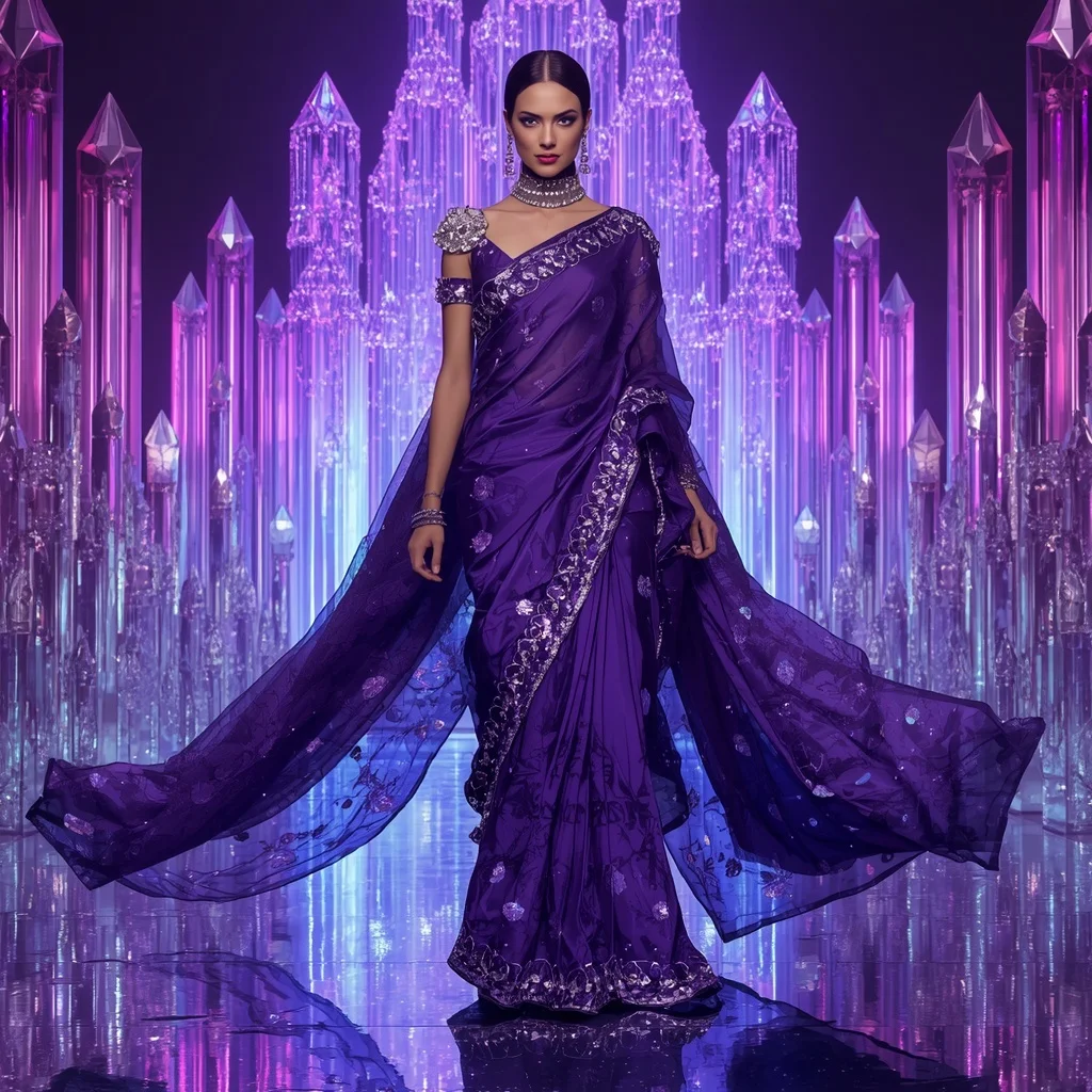 Violet Nova Mirror Saree with Neon Infinity Crystal Fortress | Prompt For Gemini AI Girl Style Trending Indian