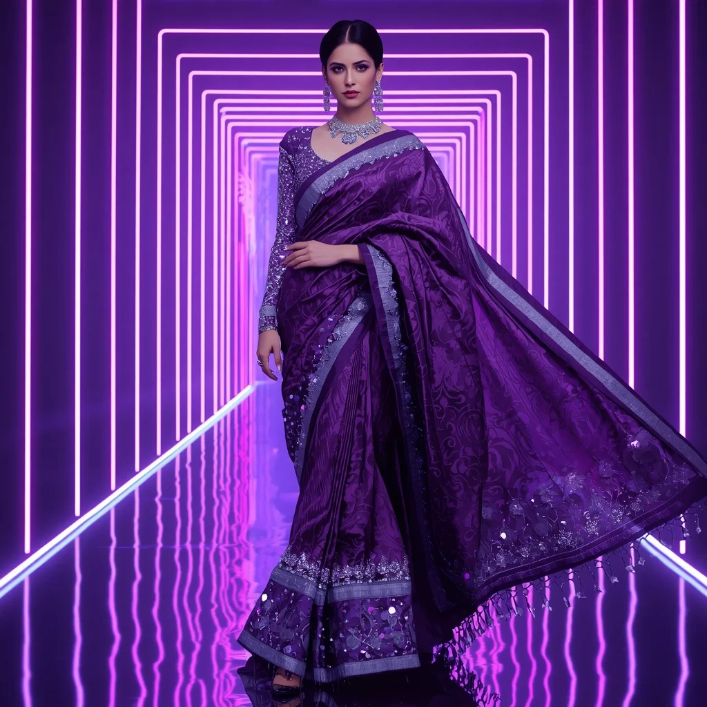 Violet Thunder Royale Saree with Neon Infinity Sanctuary | Ai Photo Prompt