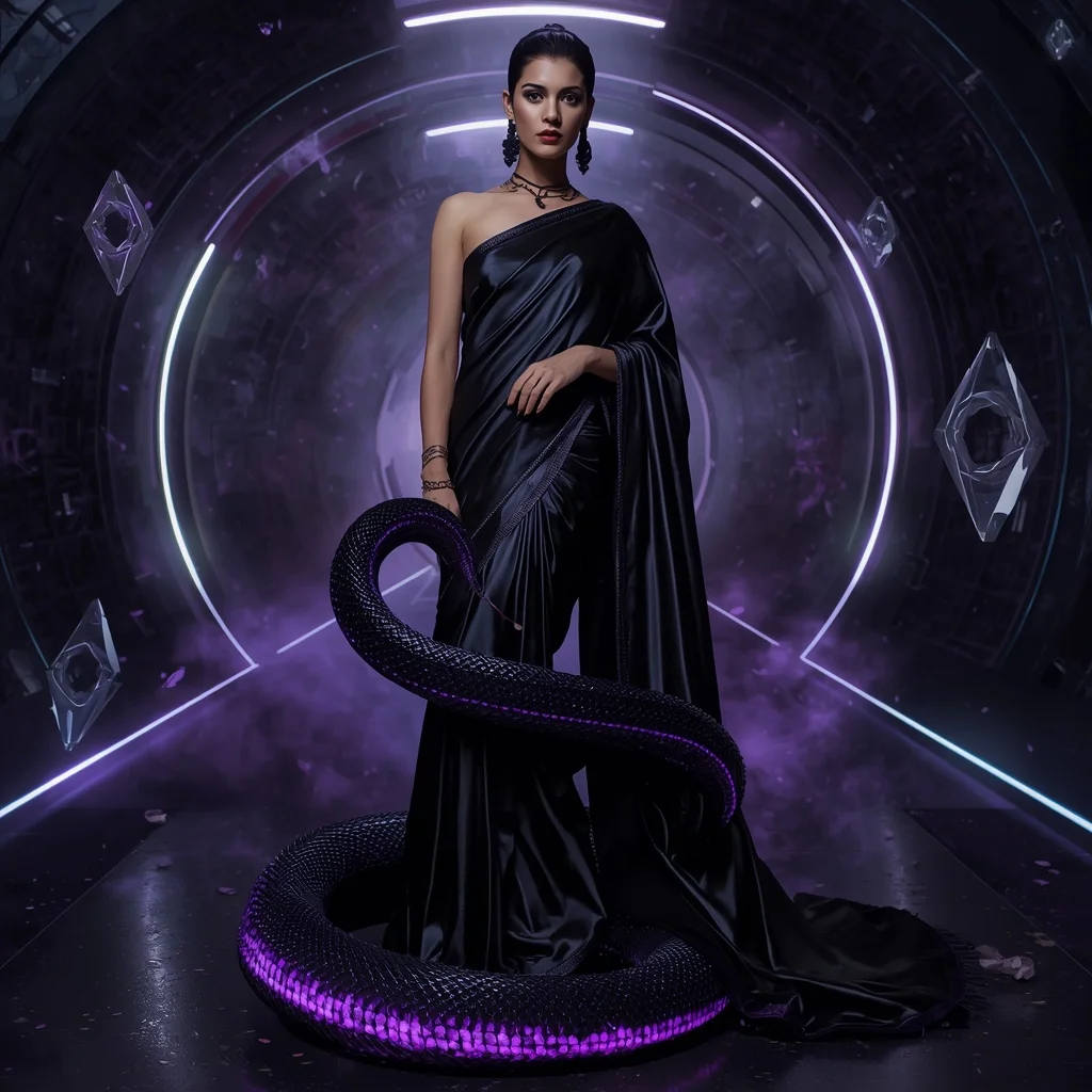 Void Crystal Serpent Saree with Dark Energy Spiral Hall | Prompt Seen Trending Girl AI Photo