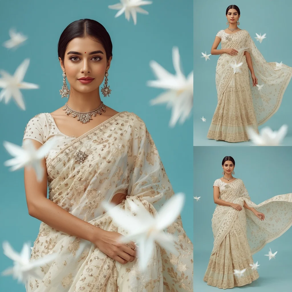 White Porcelain Origami Stars Festive Saree Look Premium | Cinematic Ai Prompt