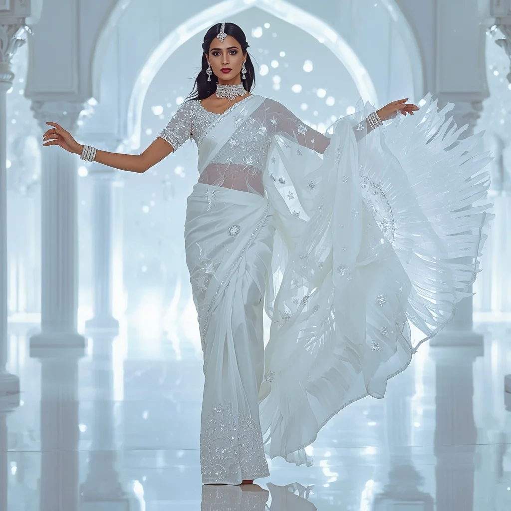 White Swan Ether Celestial Drift Saree – Elegant Couture Saree with Graceful Hover Pose and Ether Celestial Palace Background | Trending Prompts For Instagram For Girl