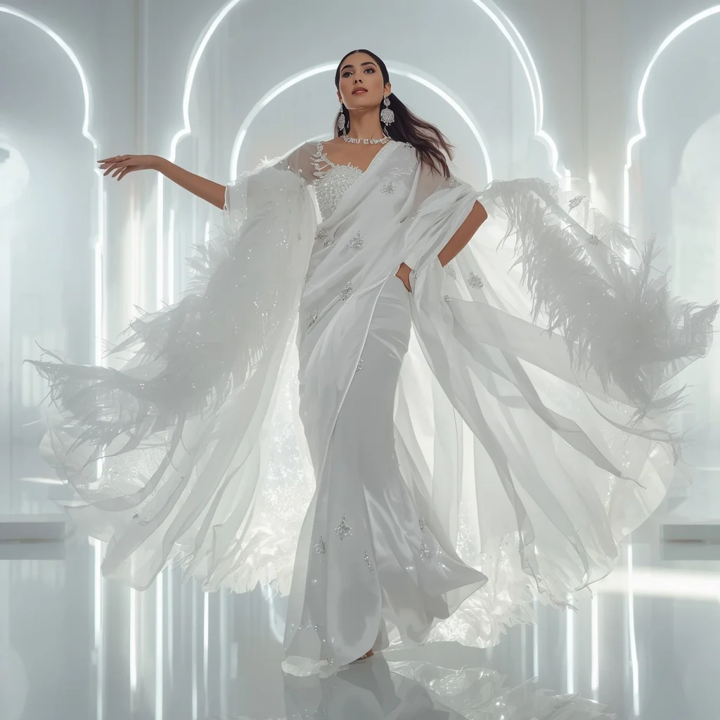 White Swan Ether Nova Drift Saree – Elegant Couture Saree with Graceful Hover Pose and Ether Nova Drift Palace Background | Gemini Ai Photo Prompt
