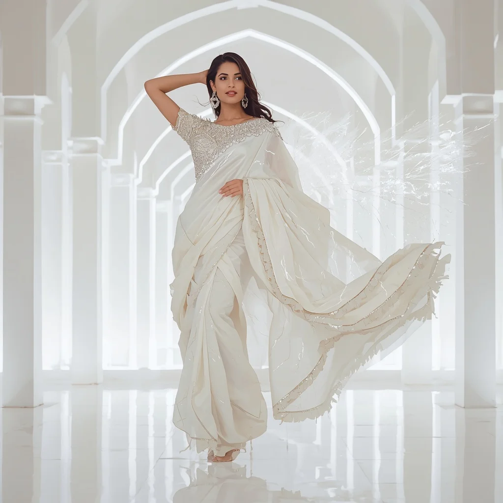 White Swan Ether Nova Saree – Elegant Couture Saree with Graceful Hover Pose and Ether Nova Palace Background | Makeup Ai Prompt